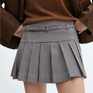 NWT Mango Houndstooth Belted Mini Skirt Preppy A-Line Large